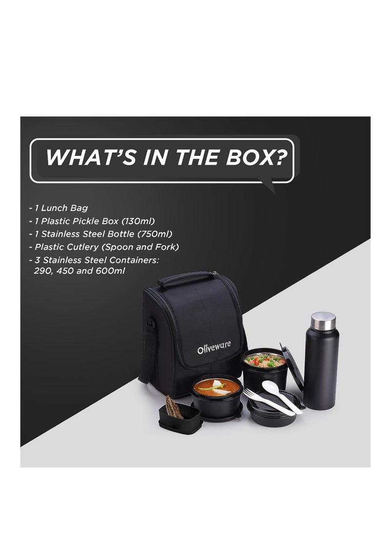 oliveware Teso Lunch Box with Bottle - Black | 3 Stainless Steel Containers and Pickle Box and Assorted Steel Bottle | Insulated Fabric Bag | Leak Proof Microwave Safe | Full Meal and Easy to Carry - Image 5