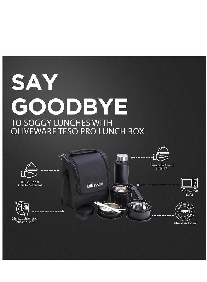 oliveware Teso Lunch Box with Bottle - Black | 3 Stainless Steel Containers and Pickle Box and Assorted Steel Bottle | Insulated Fabric Bag | Leak Proof Microwave Safe | Full Meal and Easy to Carry - Image 2