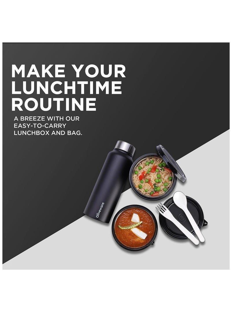 oliveware Teso Lunch Box with Bottle - Black | 3 Stainless Steel Containers and Pickle Box and Assorted Steel Bottle | Insulated Fabric Bag | Leak Proof Microwave Safe | Full Meal and Easy to Carry - Image 4