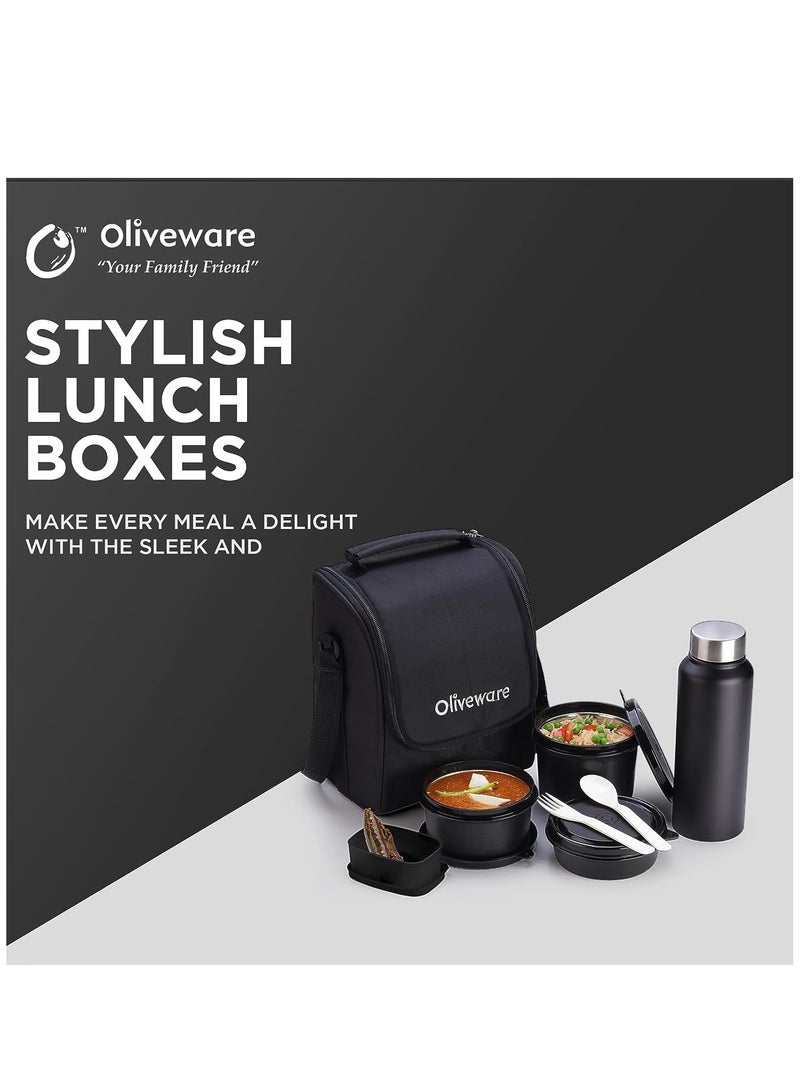 oliveware Teso Lunch Box with Bottle - Black | 3 Stainless Steel Containers and Pickle Box and Assorted Steel Bottle | Insulated Fabric Bag | Leak Proof Microwave Safe | Full Meal and Easy to Carry - Image 3