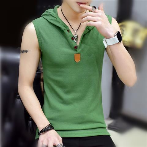 Summer Hooded Sleeveless Vest Waistcoat Korean Style Slim Fit Fitness Sports Casual Mens Short-sleeved T-shirt T-shirt V-neck Trendy green hooded 99181