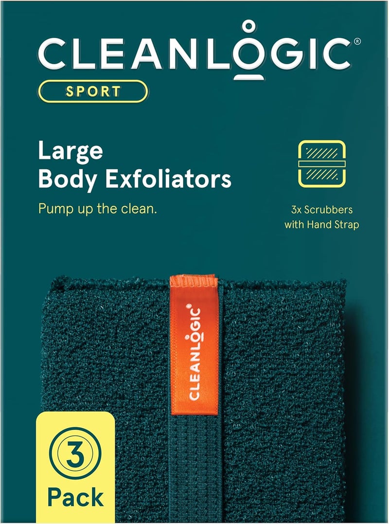 Clean Logic Sport Exfoliating Body Scrubber, Large Exfoliator Tool for Athletes, Daily Skincare Routine for Smooth Clean Skin, Assorted Colors, 3 Count Value Pack - Image 1