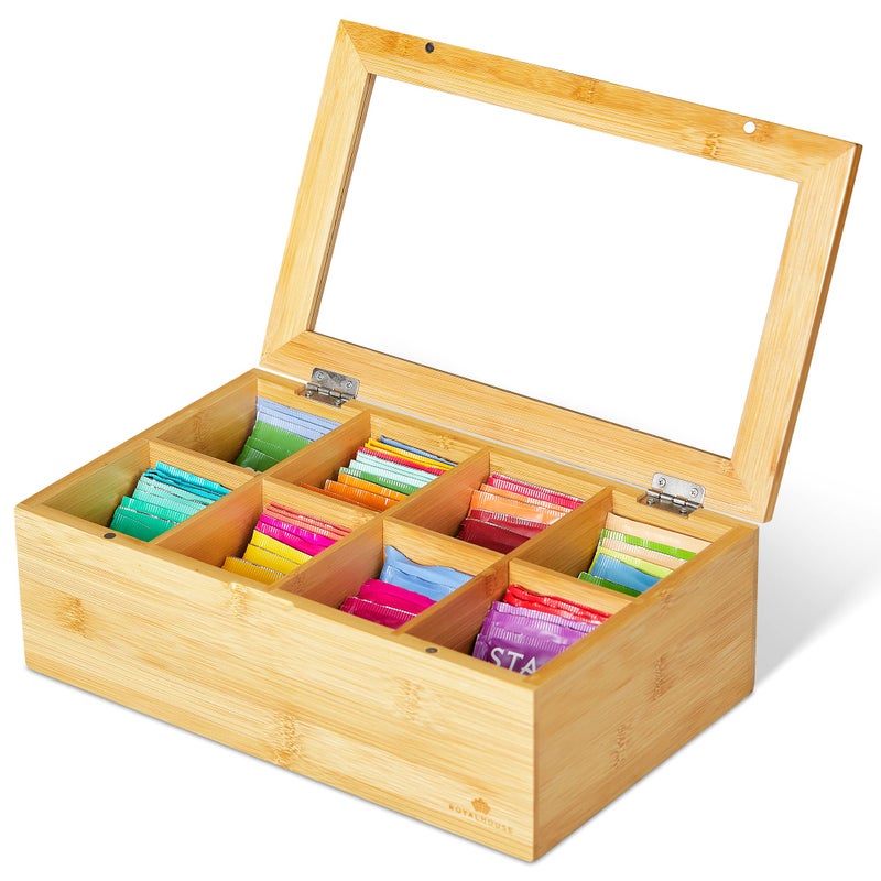 RoyalHouse Big Natural Bamboo Tea Storage Organizer with Clear Acrylic Top Window, 8 Compartments Eco-Friendly Tea Bag Holder, Multi-Functional Storage Box - Image 1