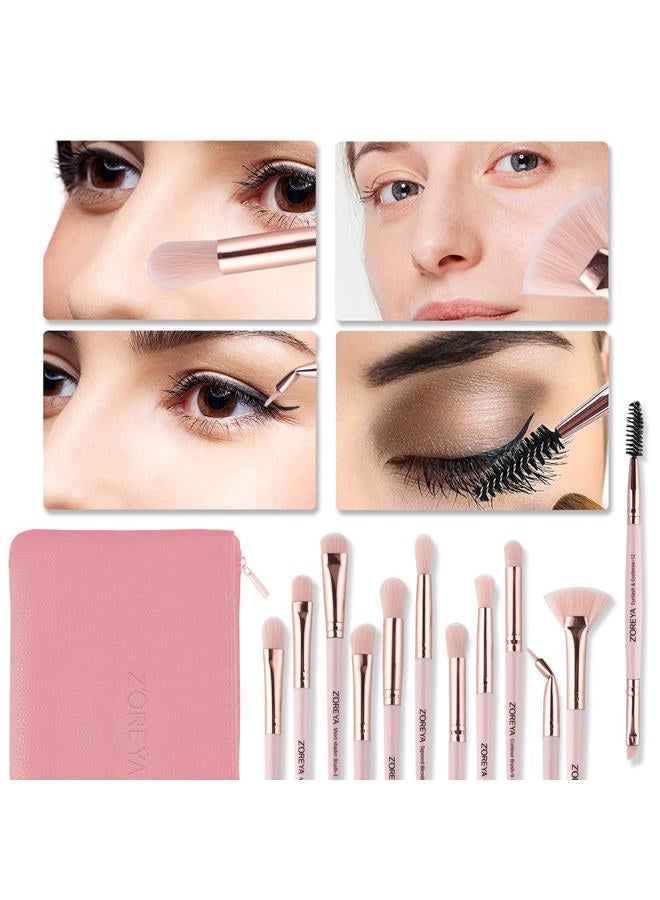 Z'OREYA Zoreya Eye Makeup Brushes,12 PCS Professional Eye shadow, Concealer, Eyebrow, Foundation, Powder Liquid Cream Blending Brushes Set With Carrying Bag(Light Pink) - Image 2
