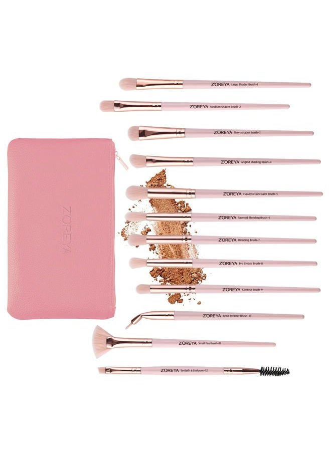 Z'OREYA Zoreya Eye Makeup Brushes,12 PCS Professional Eye shadow, Concealer, Eyebrow, Foundation, Powder Liquid Cream Blending Brushes Set With Carrying Bag(Light Pink) - Image 4