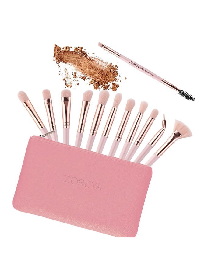 Z'OREYA Zoreya Eye Makeup Brushes,12 PCS Professional Eye shadow, Concealer, Eyebrow, Foundation, Powder Liquid Cream Blending Brushes Set With Carrying Bag(Light Pink) - Image 3