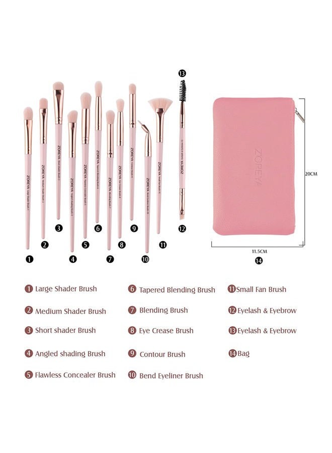 Z'OREYA Zoreya Eye Makeup Brushes,12 PCS Professional Eye shadow, Concealer, Eyebrow, Foundation, Powder Liquid Cream Blending Brushes Set With Carrying Bag(Light Pink) - Image 5