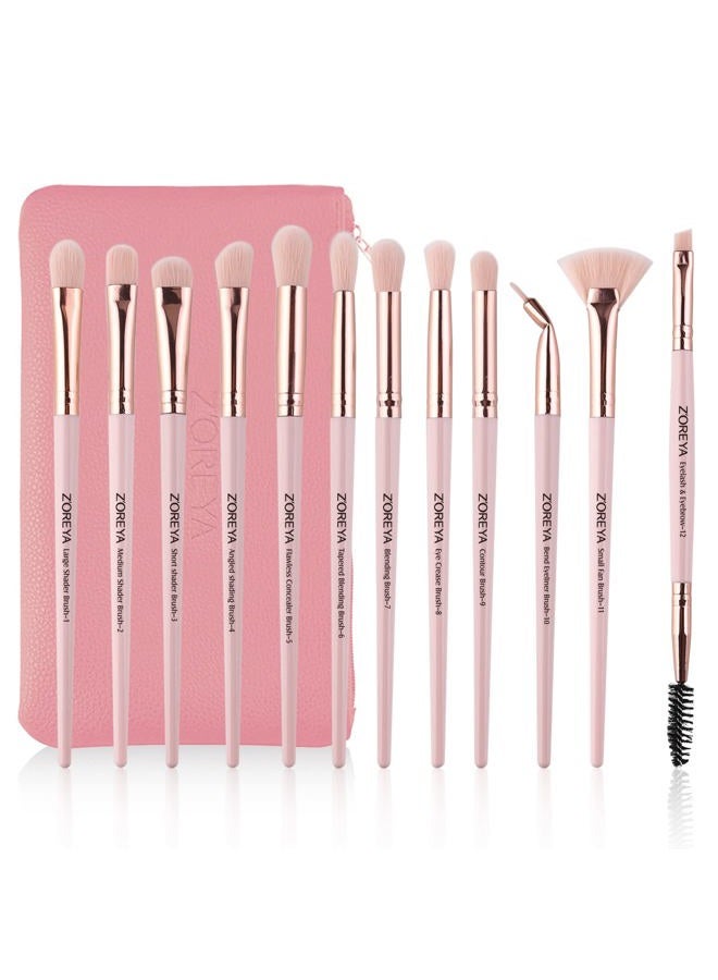 Z'OREYA Zoreya Eye Makeup Brushes,12 PCS Professional Eye shadow, Concealer, Eyebrow, Foundation, Powder Liquid Cream Blending Brushes Set With Carrying Bag(Light Pink) - Image 1