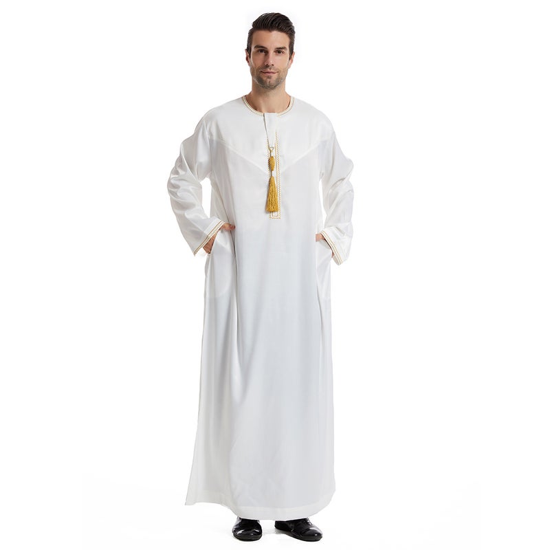 Men's Embroidered Ethnic Long Gown with Tassel Detail and Long Sleeves - Image 3