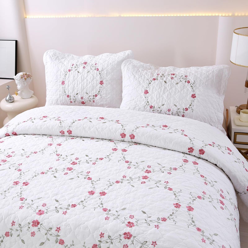 vctops 3-Piece Elegant Floral Embroidered Bedspread Coverlet Set 100% Cotton Reversible Patchwork 1 Quilt and 2 Pillow Shams Full/Queen, White - Image 5