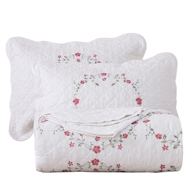 vctops 3-Piece Elegant Floral Embroidered Bedspread Coverlet Set 100% Cotton Reversible Patchwork 1 Quilt and 2 Pillow Shams Full/Queen, White - Image 1