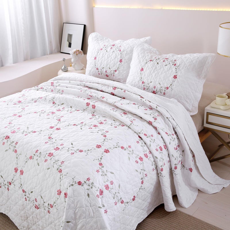 vctops 3-Piece Elegant Floral Embroidered Bedspread Coverlet Set 100% Cotton Reversible Patchwork 1 Quilt and 2 Pillow Shams Full/Queen, White - Image 4