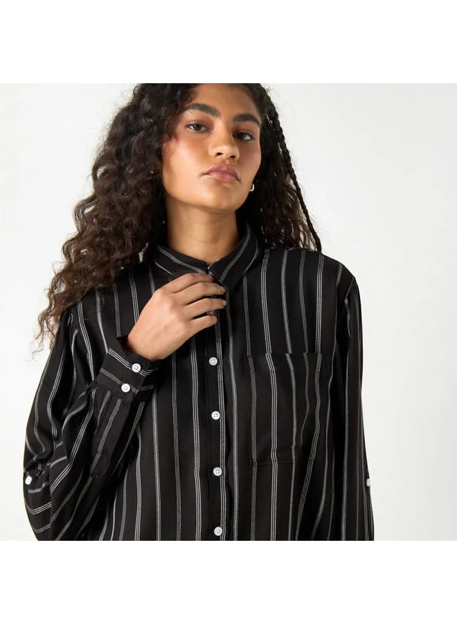 Lee Cooper Lee Cooper Striped Shirt with Roll-Up Sleeves and Pocket