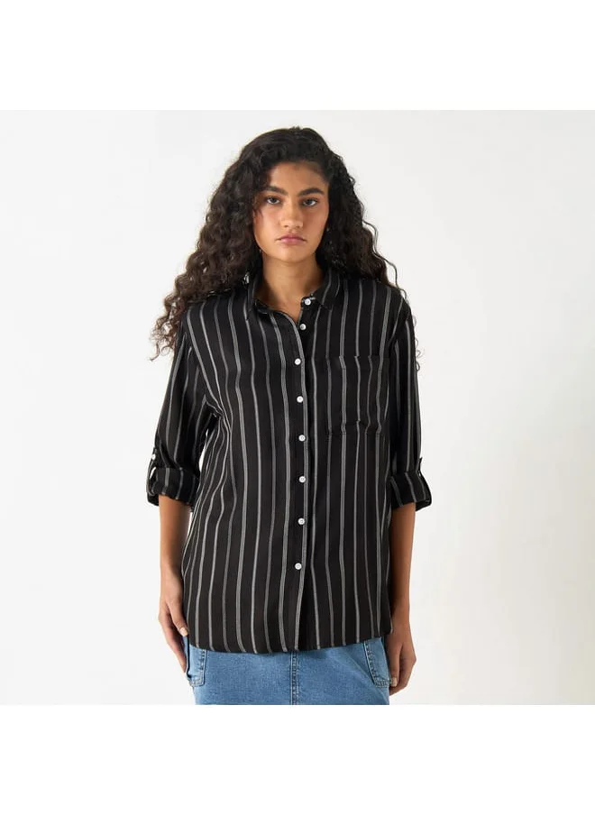 Lee Cooper Lee Cooper Striped Shirt with Roll-Up Sleeves and Pocket