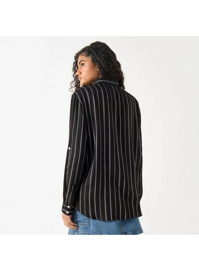 Lee Cooper Lee Cooper Striped Shirt with Roll-Up Sleeves and Pocket
