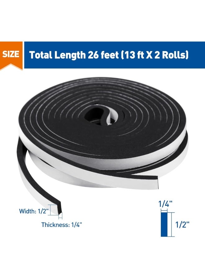 MAGZO Weather Stripping Door Seal, 1/2 Inch Wide X 1/4 Inch Thick Adhesive Foam Tape Soundproof Weatherstripping for Windows, 2 Rolls Total 26FT Black - Image 2