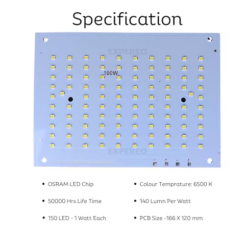 EXPEREO إكسبيريو® 100 واط LED MCPCB || LED عالي اللمعان || 140 لومن لكل واط - اللون: أبيض - 6500 كيلفن || عمر افتراضي: 50000 ساعة || حجم PCB - 166 مم × 120 مم - عبوة من 1 - Image 4