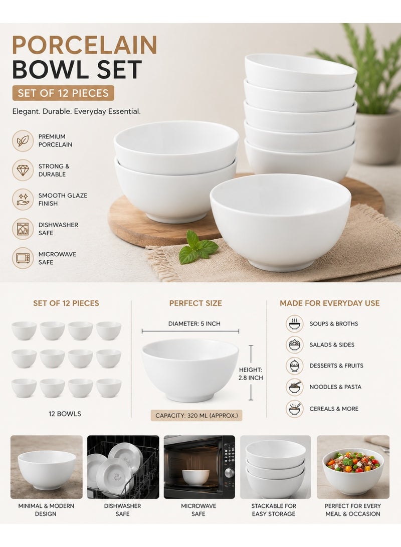 12-Piece White Porcelain Bowl Set 5 Inch | Premium Ceramic Bowls | Microwave & Dishwasher Safe | Soup, Salad, Rice & Dessert Bowls - Image 1