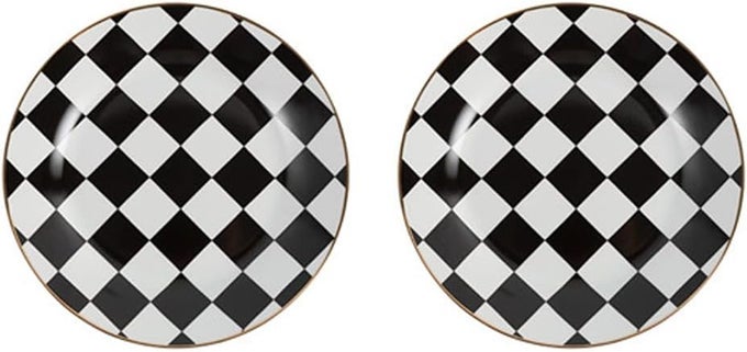RETRO BLACK AND WHITE CHECKERBOARD GOLD EDGE CERAMIC DINNER PLATE DESSERT PLATE SALAD PLATESET OF 2