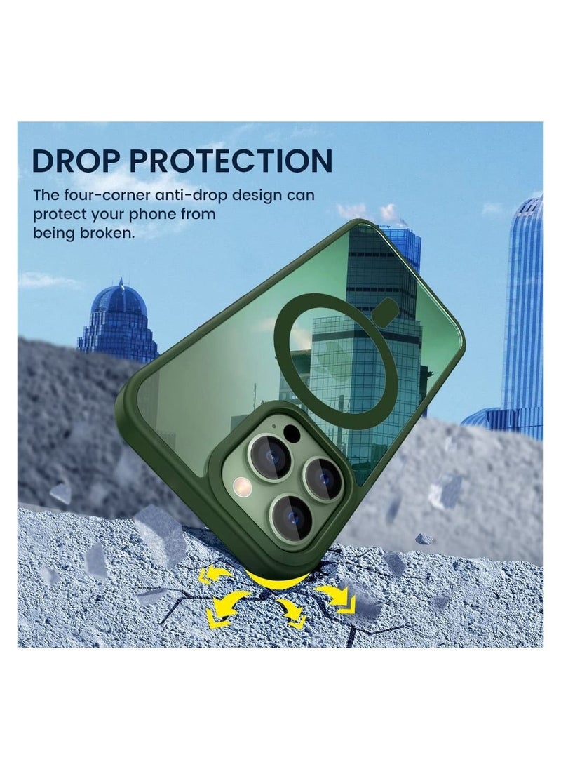 Built in Magnets Compatible with MagSafe Clear Hard PC Back Cover Soft TPU Frame Shockproof Protective Slim Bumper Case for iPhone 13 Pro_Green