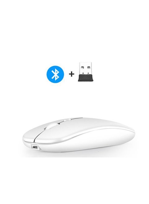 Wireless Bluetooth Mouse, Bluetooth 5.1 + USB, 2.4GHz Rechargeable Silent Bluetooth Wireless Mouse, Computer Mice with USB Receiver(White)