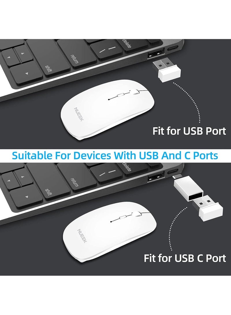 نُوِيق ماوس بلوتوث لاسلكي، مستقبل لاسلكي USB بلوتوث 5.1 + 2.4 جيجاهرتز، ماوس لاسلكي بلوتوث صامت قابل لإعادة الشحن من النوع C لأجهزة الكمبيوتر الشخصية والكمبيوتر المحمول والكمبيوتر اللوحي والهاتف المحمول، 3 إعدادات مسبقة قابلة للتعديل DPI (أبيض) - Image 4