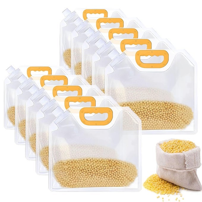 10 PCS 15 LITER MULTIGRAIN KITCHEN STORAGE BAGS GRAIN MOISTUREPROOF STAND UP POUCH WITH PORTABLE HANDLE FOR LONG TERM FOOD RICE BEANS CANDY LIQUID TEA COFFEE SUGAR STORAGE