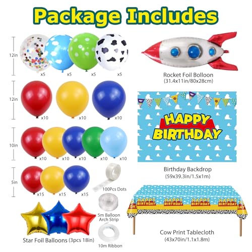 FEXICHUJI Cartoon 154Pcs Toys Inspired Story Birthday Decorations Including Balloon Arch, Backdrop, Tablecloth and Rocket Balloons, Toys Inspired Story Themed Birthday Party Supplies for Kids - Image 3