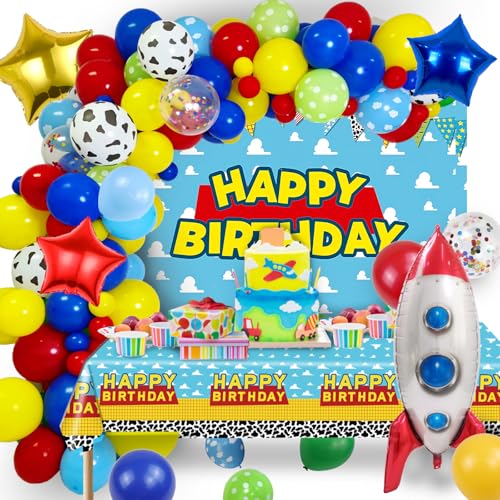 FEXICHUJI Cartoon 154Pcs Toys Inspired Story Birthday Decorations Including Balloon Arch, Backdrop, Tablecloth and Rocket Balloons, Toys Inspired Story Themed Birthday Party Supplies for Kids - Image 1