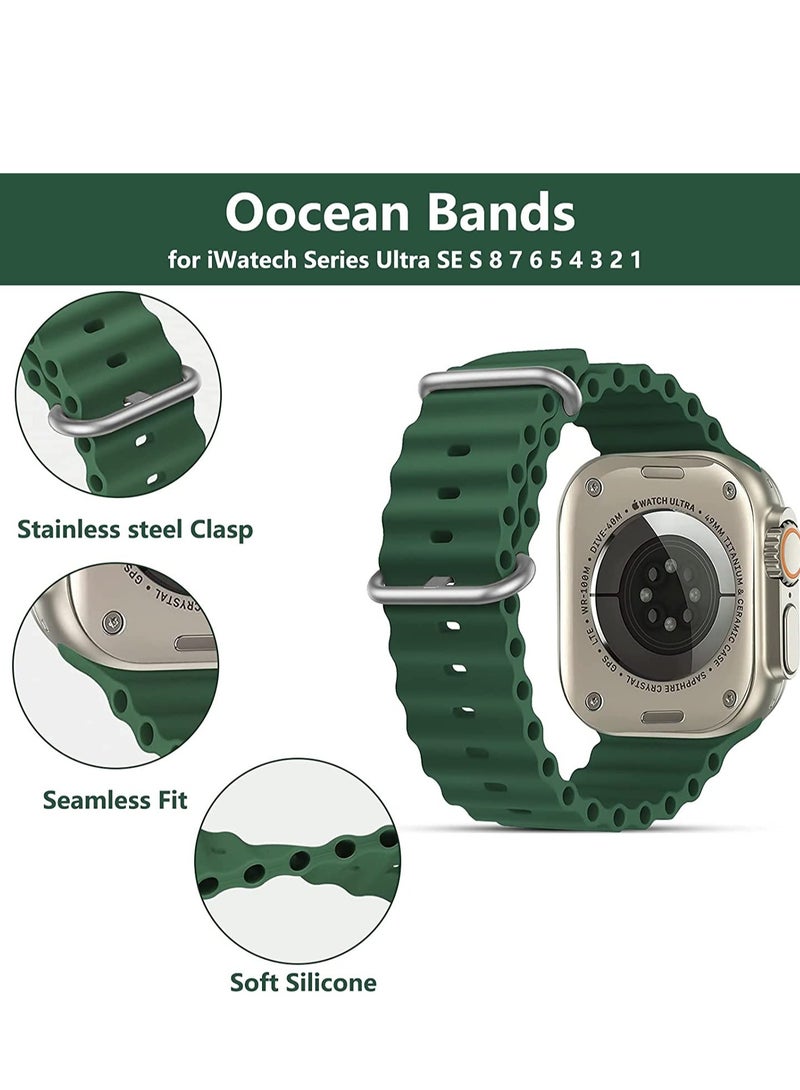 ELTRAZONE UCHUANG for Apple Watch Band Strap 42mm 44mm 45mm 49mm Ocean Soft Silicone Wristband Sport Replacement Bands with Adjustable Stainless Steel Buckle for iWatch Ultra Series 8 7 SE 6 5 4 3 2 1（Green） - Image 3