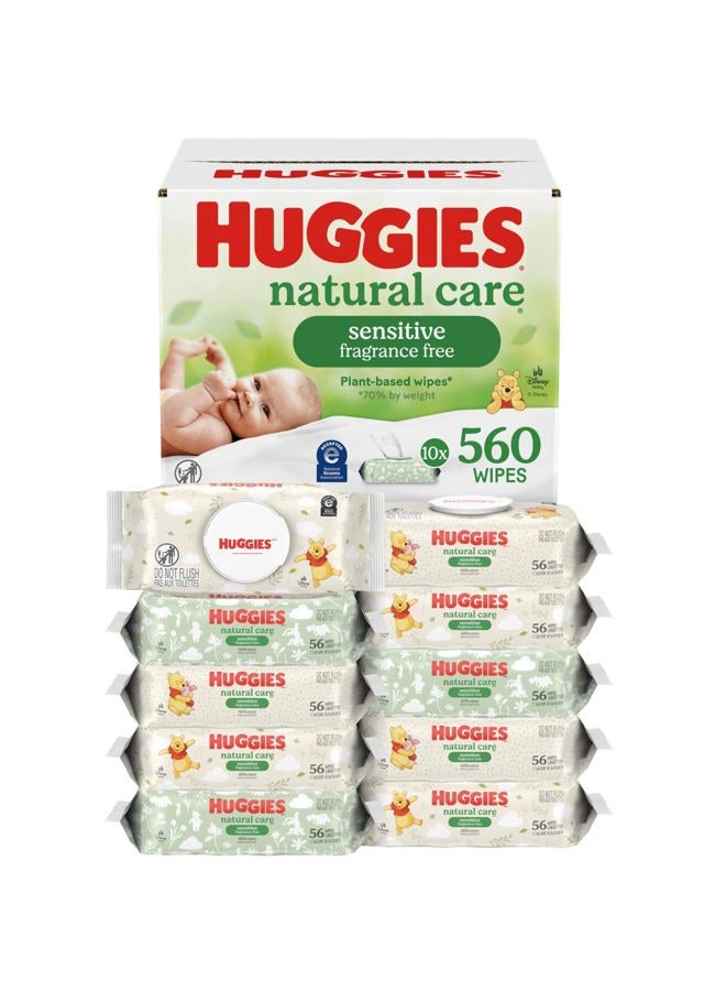HUGGIES مناديل Huggies Natural Care Sensitive Baby Wipes، بدون رائحة، مضادة للحساسية، 99% ماء نقي، 10 عبوات قابلة للطي (إجمالي 560 منديل) - Image 1