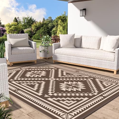 GENIMO Outdoor Rug for Patio Clearance 5x8 ft Waterproof Plastic Camping Rugs Reversible Outside Rv Mat Carpet for Porch Deck Picnic Balcony Beach Backyard Coffee Beige - Image 1