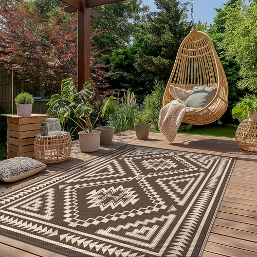 GENIMO Outdoor Rug for Patio Clearance 5x8 ft Waterproof Plastic Camping Rugs Reversible Outside Rv Mat Carpet for Porch Deck Picnic Balcony Beach Backyard Coffee Beige - Image 3