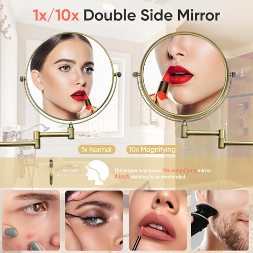 GURUN 8-Inch Double-Sided Wall Mount Makeup Mirrors with 10x Magnification Bathroom Mirror for Hotel Antique Satin Brass Finished M1406K(8in,10X) - Image 3