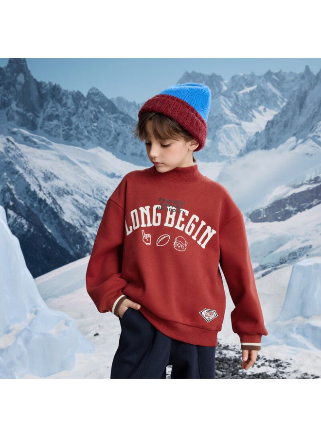 Mqd Boys' Winter Trendy Classic Collegiate Letter Fleece Sweatshirt Brick Red 110 - Image 3