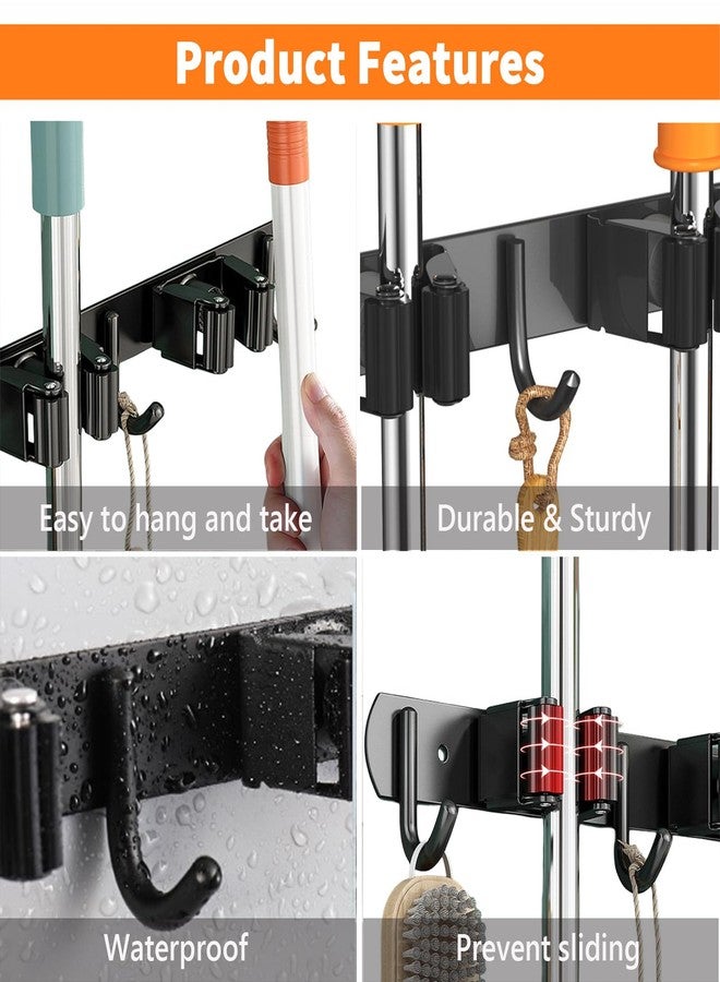 CUXIXA Mop and Broom Holder Wall Mount, Upgraded Broom Organizer Wall Mount, Stainless Steel Broom Hanger Wall Mount for Kitchen Garden Laundry Room Decor (3 Racks with 4 Hooks Black) - Image 2