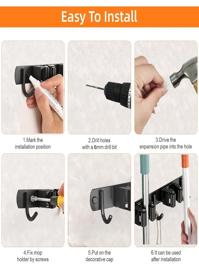 CUXIXA Mop and Broom Holder Wall Mount, Upgraded Broom Organizer Wall Mount, Stainless Steel Broom Hanger Wall Mount for Kitchen Garden Laundry Room Decor (3 Racks with 4 Hooks Black) - Image 4