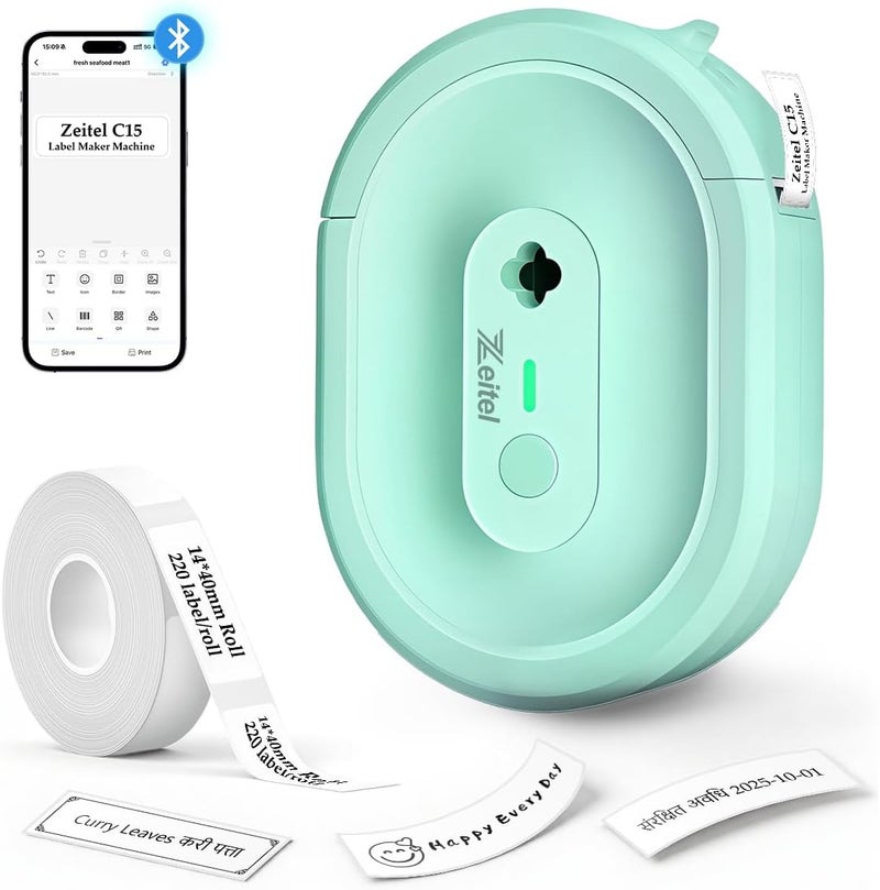Zeitel طابعة ملصقات صغيرة محمولة ® بدقة 203 نقطة في البوصة، صانع ملصقات لاسلكي جيبي للمنزل والمكتب، طابعة حرارية صغيرة للملصقات للهواتف المحمولة، طابعات بلوتوث بدون حبر، مع لفة واحدة من ملصقات بحجم 14×40 مم - Image 1