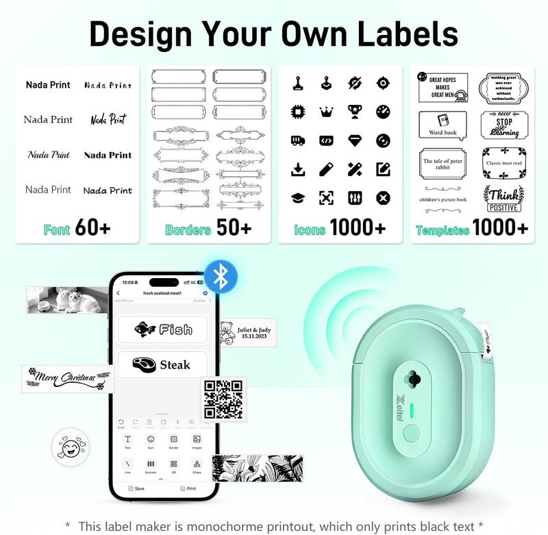 Zeitel طابعة ملصقات صغيرة محمولة ® بدقة 203 نقطة في البوصة، صانع ملصقات لاسلكي جيبي للمنزل والمكتب، طابعة حرارية صغيرة للملصقات للهواتف المحمولة، طابعات بلوتوث بدون حبر، مع لفة واحدة من ملصقات بحجم 14×40 مم - Image 4