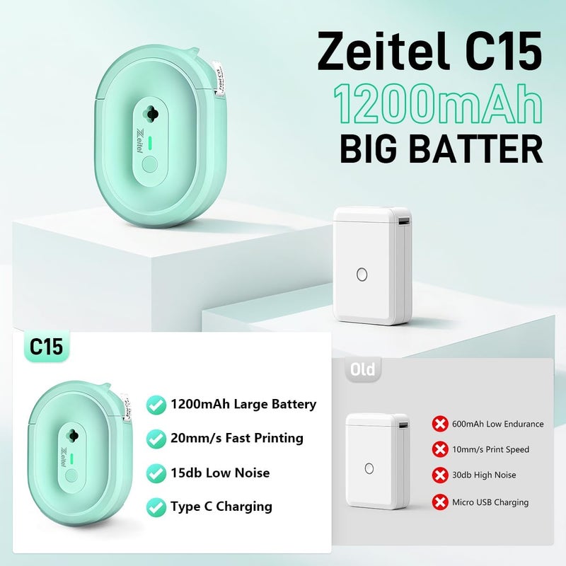 Zeitel طابعة ملصقات صغيرة محمولة ® بدقة 203 نقطة في البوصة، صانع ملصقات لاسلكي جيبي للمنزل والمكتب، طابعة حرارية صغيرة للملصقات للهواتف المحمولة، طابعات بلوتوث بدون حبر، مع لفة واحدة من ملصقات بحجم 14×40 مم - Image 2