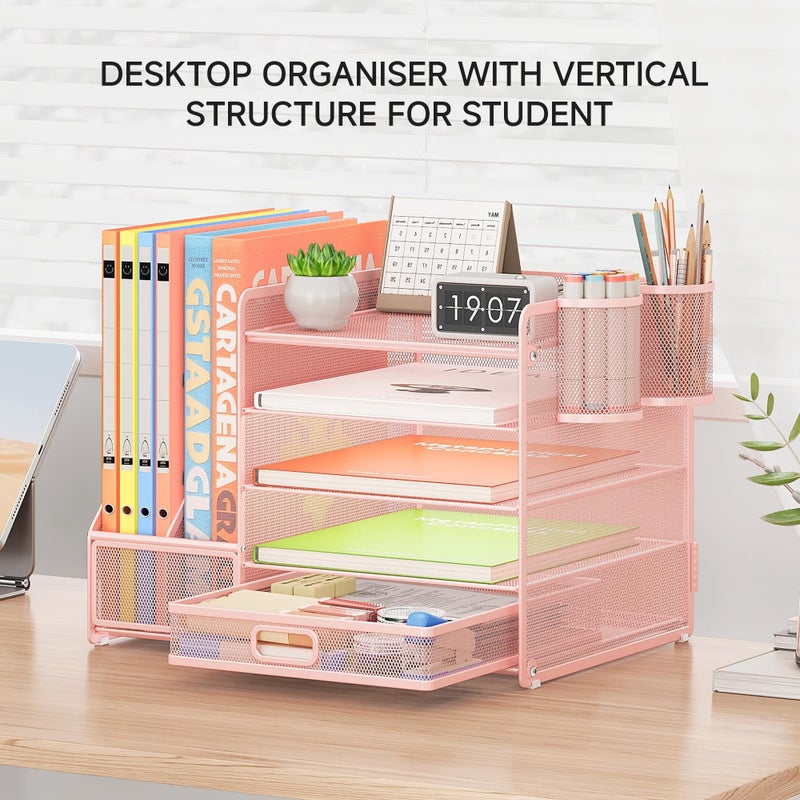 VITVITI Desk Organiser with File Holder, 5 Tier Desk Tidy Organiser with 2 Pen Holders, 2 Paper Tray Storage and Drawer for Magazine, Home, School, Office Stationary Accessories - Pink - Image 4