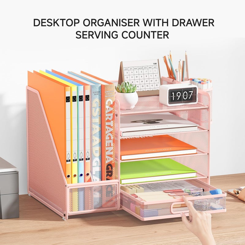 VITVITI Desk Organiser with File Holder, 5 Tier Desk Tidy Organiser with 2 Pen Holders, 2 Paper Tray Storage and Drawer for Magazine, Home, School, Office Stationary Accessories - Pink - Image 5