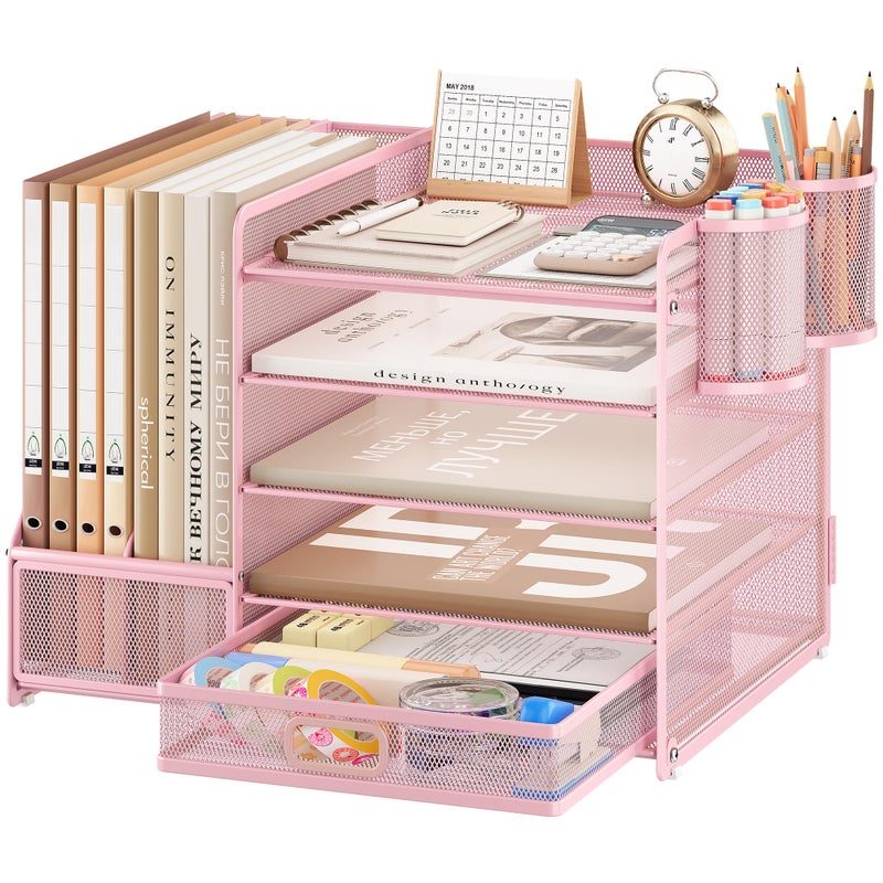 VITVITI Desk Organiser with File Holder, 5 Tier Desk Tidy Organiser with 2 Pen Holders, 2 Paper Tray Storage and Drawer for Magazine, Home, School, Office Stationary Accessories - Pink - Image 1