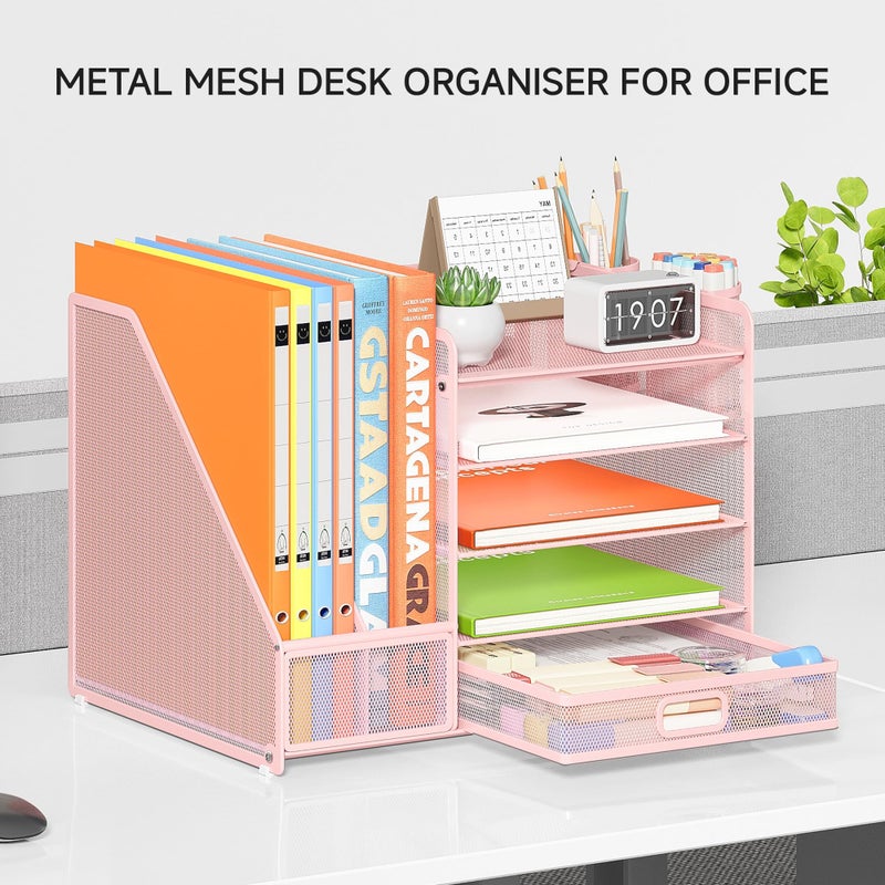 VITVITI Desk Organiser with File Holder, 5 Tier Desk Tidy Organiser with 2 Pen Holders, 2 Paper Tray Storage and Drawer for Magazine, Home, School, Office Stationary Accessories - Pink - Image 3