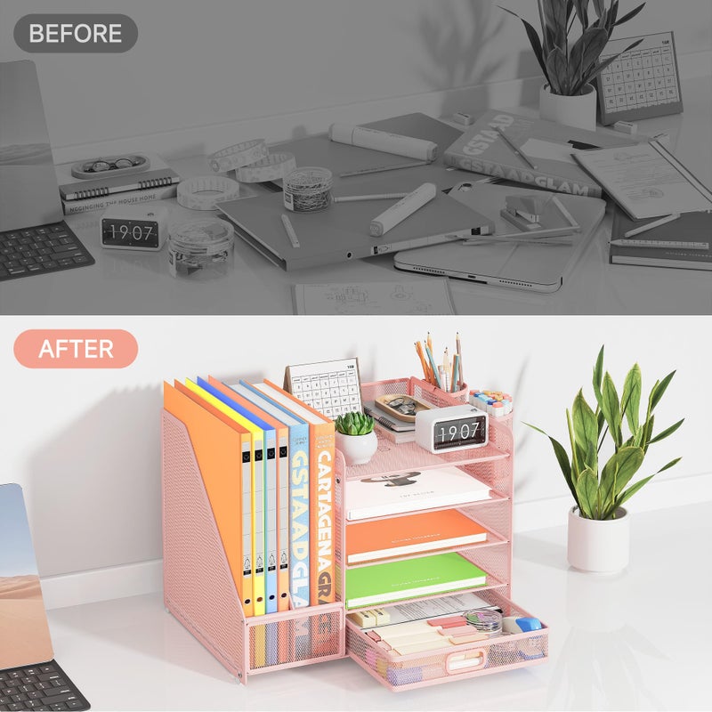 VITVITI Desk Organiser with File Holder, 5 Tier Desk Tidy Organiser with 2 Pen Holders, 2 Paper Tray Storage and Drawer for Magazine, Home, School, Office Stationary Accessories - Pink - Image 2