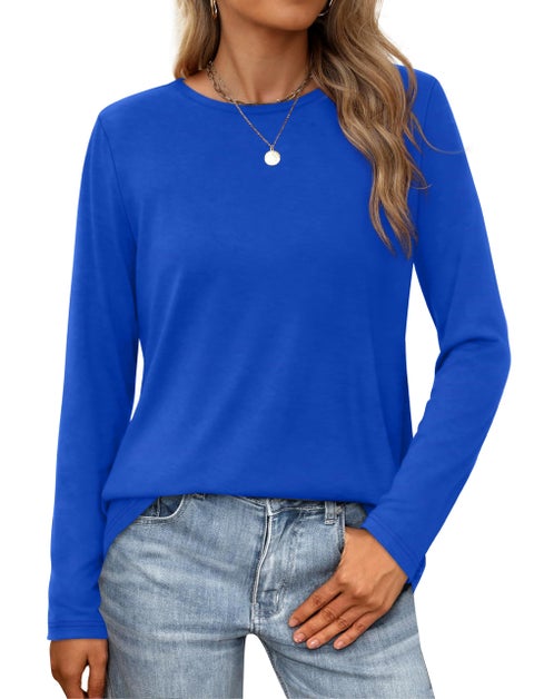 XIEERDUO Crew Neck Long Sleeve Shirts for Women Loose Fit Casual Tops Royal Blue Soft L