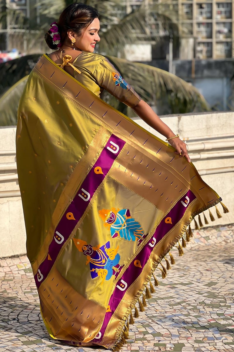 SGF11 Women's Kanjivaram Paithani Silk Saree With Unstitched Blouse Piece (Mahendi Green) - Image 4