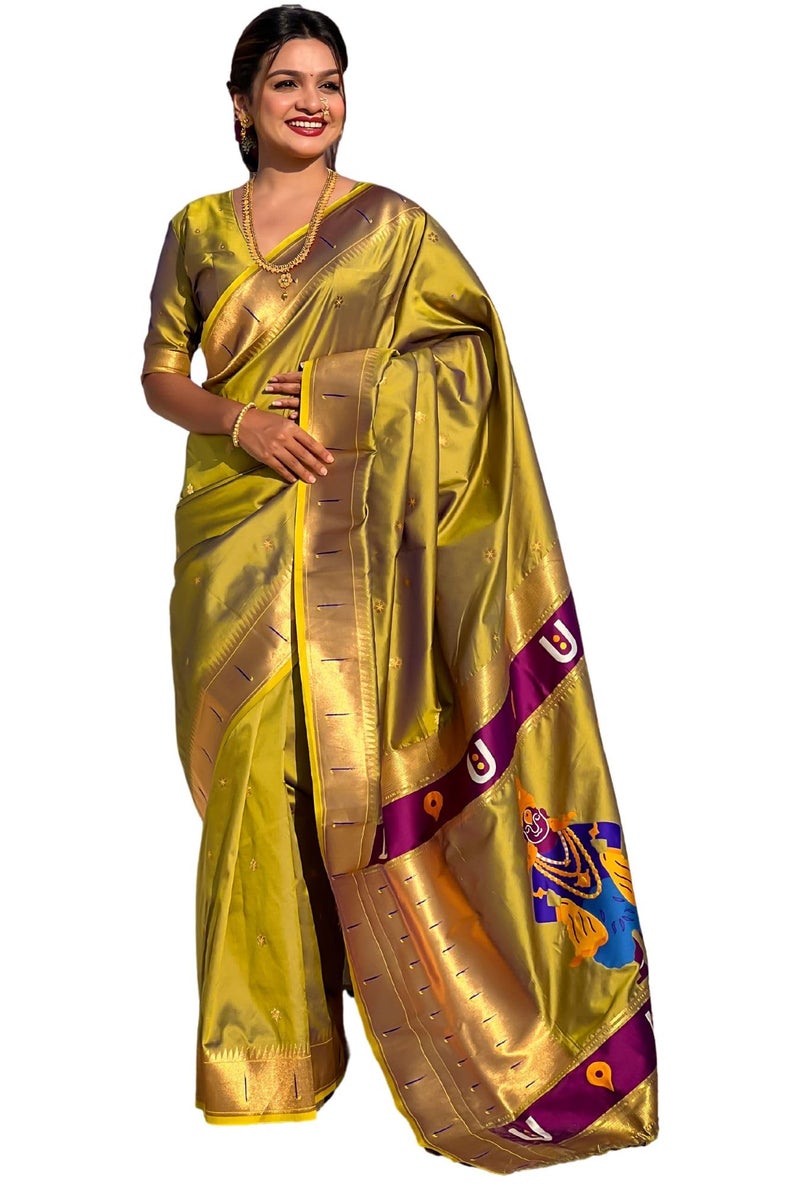 SGF11 Women's Kanjivaram Paithani Silk Saree With Unstitched Blouse Piece (Mahendi Green) - Image 1