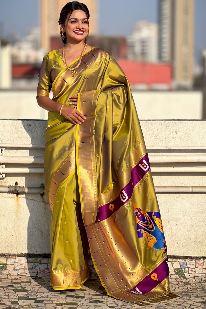 SGF11 Women's Kanjivaram Paithani Silk Saree With Unstitched Blouse Piece (Mahendi Green) - Image 2