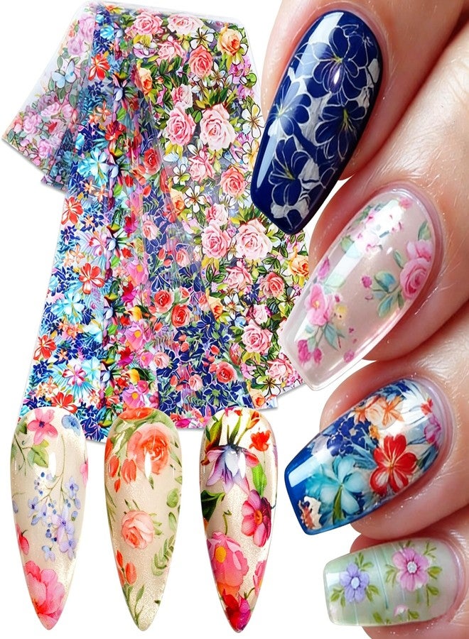 SIMAYKUWA 10 Rolls Nail Foil Transfer, Colorful Flower Nail Stickers Transfer Sheets Floral Prints Decals Rose Flower Decoration Manicure Wraps - Image 1
